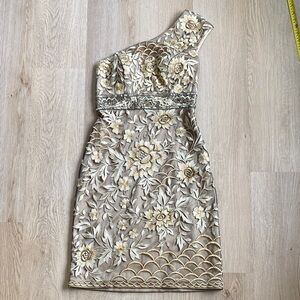 Sue Wong One Shoulder Gold Embroidered Cocktail Dress | Beaded Floral Mini
